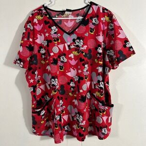 Disney Minnie Mouse Scrub Top Womens 2XL Red Love Hearts V-Neck WM11T745LDQ